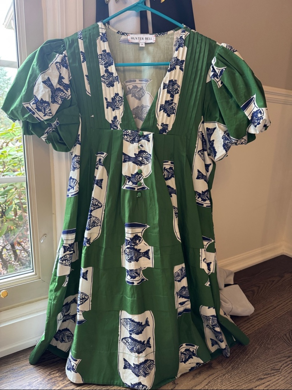 HUNTER BELL Green and White Fish-Print Puff Sleeve Dress with Navy Motif